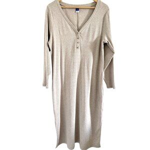 Old Navy Beige Henley Ribbed Knit Midi Dress XXL Long Sleeve Stretch Cotton Blen